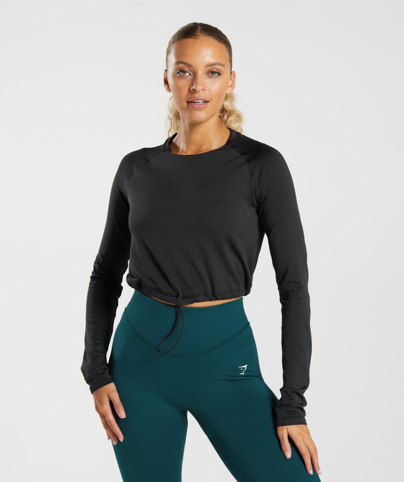 Przycięte Topy Gymshark Sweat Seamless Long Sleeve Damskie Czarne | PL 621TVG